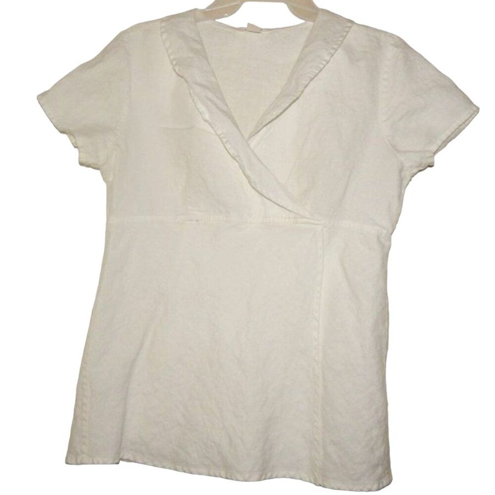 Christopher & Banks Women’s Small White 100% Linen Short Sleeve V‑Neck Blouse